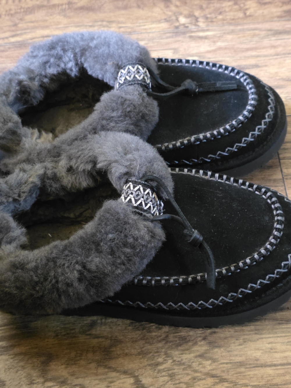 UGG Black Suede Moccasin Slippers with Gray Shearling Cuff - Picture 3 of 11
